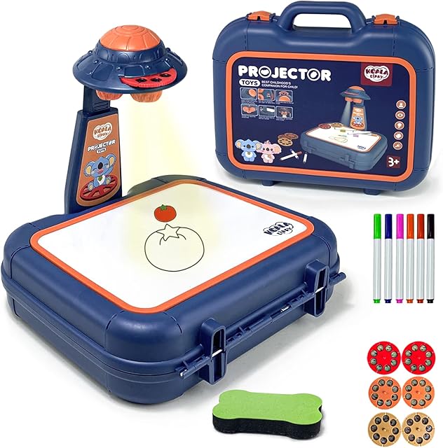 The Drawing Projector Table for Kids, Handbag Design Painting Drawing Table LED Projector Childrens Toy Educational Early Learning Projection Drawing Table Sketch Doodle Board for Kids Boys Girls (Blue)