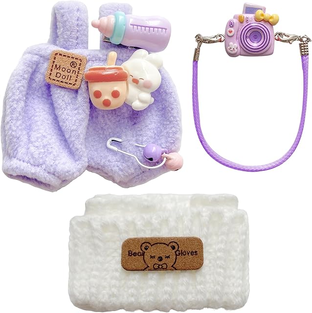 The Kleeblatt 17cm Dolls Clothes Set, Purple Overalls, White Woolen Hat, Purple Camera Suitable 17cm Accessories Suit