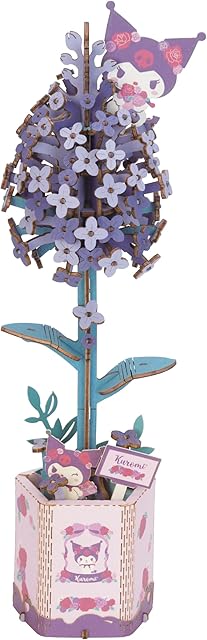 The Hands Craft Lilac Hello Kitty and Friends Kuromi 3D Wooden Puzzle Kit | DIY Flower Model | Arts & Crafts for Adults & Kids | Creative Hobby Kits | Kuromi Character | Wood Building Set | Fun Gift