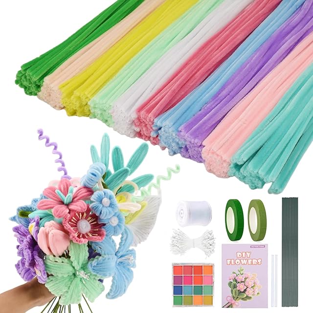 The Pipe Cleaners Craft, 400pcs Pipe Cleaners with Flower Stems, Floral Tape, Ribbon, for Flower Bouquet DIY-Colorful