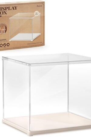 The Rolife Clear Acrylic Display Case for Hobby Collectibles, Easy Assemble Dust Cover Showcase Clear Storage Bins, Stackable Storage Plastic Box with Wooden Base