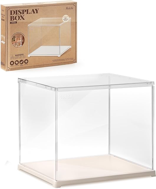 The Rolife Clear Acrylic Display Case for Hobby Collectibles, Easy Assemble Dust Cover Showcase Clear Storage Bins, Stackable Storage Plastic Box with Wooden Base