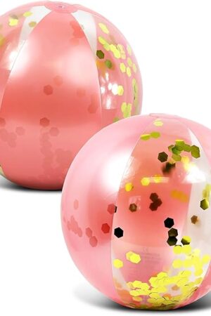 The POZA Inflatable Beach Balls Set of 2 - Elegant Glitter Confetti Premium Floaters, Heavy Duty Vinyl Floatation Toys for Beach Party, UV Resistant Pool Decor - 16 Inches - 2 Pack