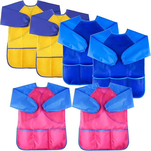 The 6Pcs Kids Art Smocks Toddler Smocks Waterproof Smock for Kids Painting Colorful Children Aprons Artist Painting Smock Long Sleeves With 3 Roomy Pockets for Children Painting Supplies, Age 3-7 Years