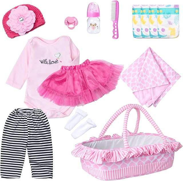 The PEDOLLTREE 14 Pcs Reborn Baby Dolls Clothes Accessories Outfit with Pink Heart Bassinet and Blanket for 17-22 Inch Reborn Dolls Newborn Baby Girl