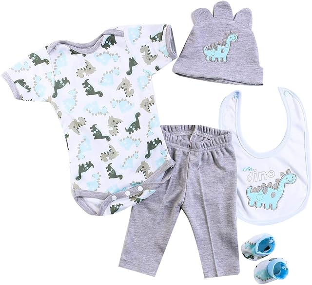 The Reborn Baby Dolls Boy Clothes 22 inch Gray Dinosaur Outfit Accessories 5 pcs Sets Fit 20-22" Newborn Dolls Clothes