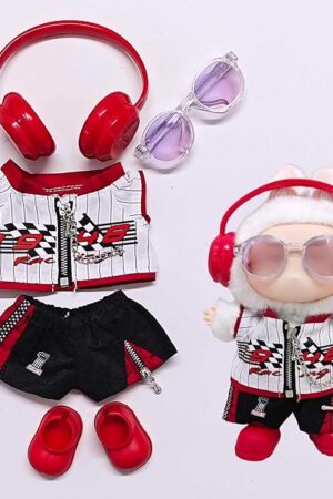 The Racing Suit for Labubu, Driving Wear Clothes and Accessories Set for 17cm Doll, Racing Jacket Headphone Fashion Sunglasses etc., Role Play Sports Costume (No Dolls Included) (Racing Set)