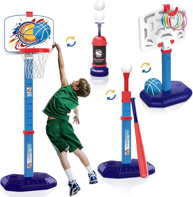 The 4 in 1 Kids Basketball Hoop Ring Toss T Ball Set - Adjustable Height Basketball Hoop & Baseball Pitching Machine & Batting Tee & Toss Game, Indoor Outdoor Toys Gifts for Toddler Boys Girls Age 3-12