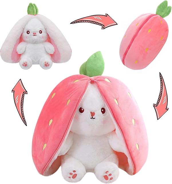 The MIAODAM Easter Bunny Stuffed Animal, Carrot and Strawberry Bunny Plush Turn Into Rabbit Fruit Doll, Plushies Funny Bunny Toy for Baby (Strawberry Rabbit, 10inch)