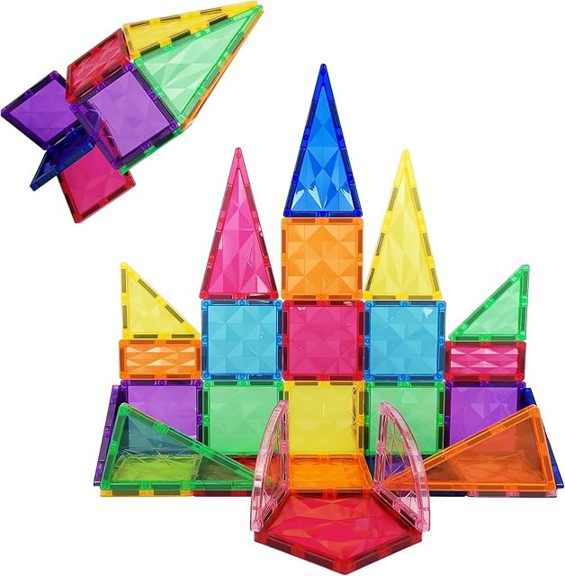 The PicassoTiles Magnetic Tiles Building Block Construction Toy Set Prism Magnet Tile Blocks STEM STEAM Learning Kit Early Education Builder Playset Toys for Children Toddler Boy Girl Age 3+ PT41