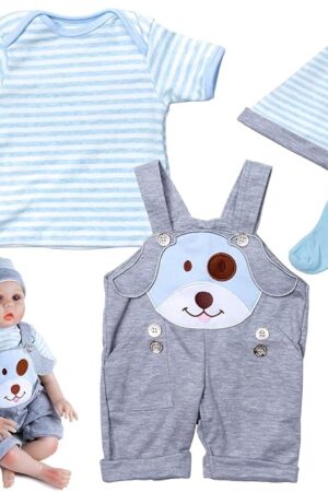 The Reborn Baby Doll Clothes 20-22 inch Cute Dog Design Suspender Trousers 4-Pieces Set fit Reborn Dolls Boy Newborn Dolls Clothes
