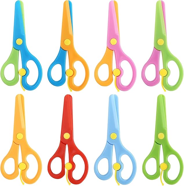 The LOVESTOWN Kids Safety Scissors, 8 PCS Blunt Tip Scissor Skills Preschool Training for Kids & Children, Anti-Pinch Design, Child Hand-Eye Coordination Development, Playdough Tools Cutting Activity