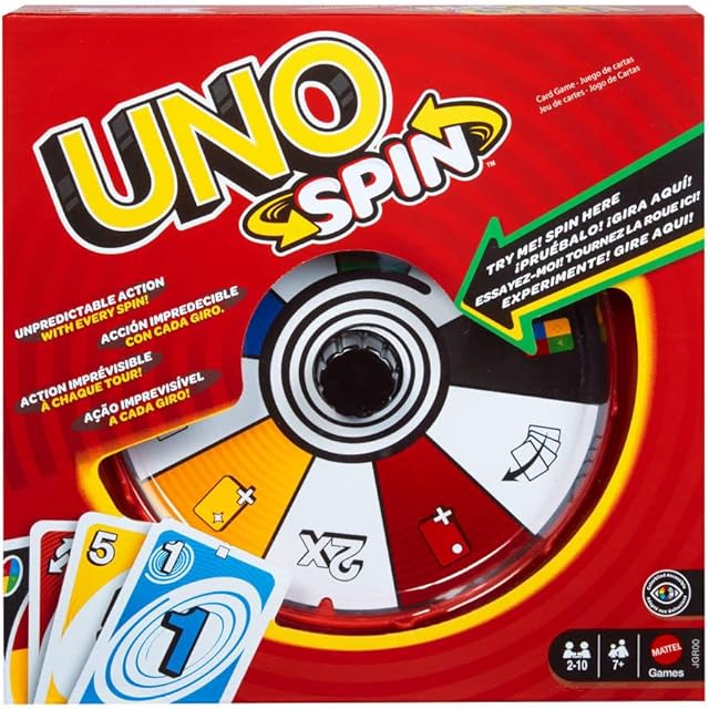 The Mattel Games UNO Spin Card Game for Kid, Adult & Family Nights, Classic Play with Toy Spinner, New Challenges & Rules, Rainy Day Activity