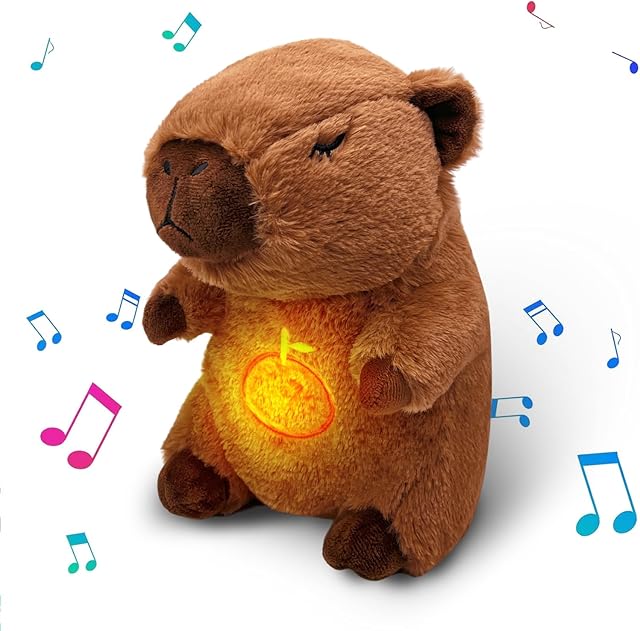 The Capybara Breathing Stuffed Animal, Anxiety Relief Capybara Sleeping Plush with Realistic Breathing Motion and Soothing Music Lights Portable Plushies Birthday Gifts for Adults and Kids