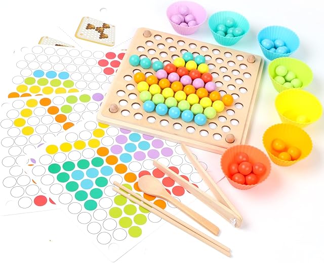 The Kids Wooden Toy, Children's Toys for 3 Years Old, Montessori Board, Fine Motor Early Education Color Recognition Chopsticks Clip Beads Hands Brain Training