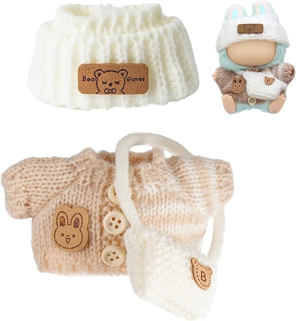 The Clothes for 17cm Dolls (NO Doll), Handcrafted Crochet Outfits for 17cm Doll with Accessories,Boy and Girl 4-Piece Clothes Set, Cute Stylish Clothing with hat and Bag for Dolls Dress up (Khaki)