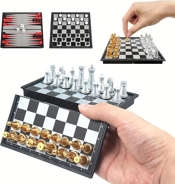 The Chess Board Game Set Mini Magnetic Chess Kit Table Game with Folding Case 5'' Portable 3 in 1 Chess Checkers Backgammon Set Travel Game 2 Players