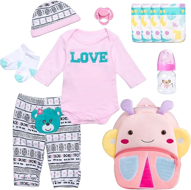 The Reborn Baby Dolls Clothes Girl Outfits Accesories 11 Pcs Set for 17-22 Inch Reborn Doll Newborn Baby Girl with Butterfly Backpack&Diaper