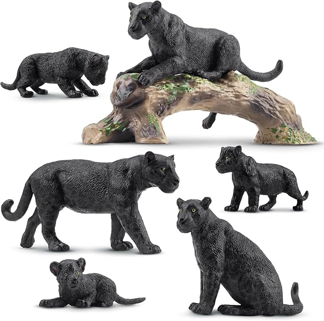 The Toymany 7PCS Black Panthers Figurines with Panther Cub and Tree Trunk, Realistic Jungle Animals Figures Family Playset, Educational Toy Cake Toppers