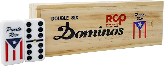 The Dominoes Double 6 Tiles in Wooden Box.Puerto Rico Double 6 Domino Tiles with Spinner Country Flag.Boricua de Corazon.Family Size freindly Adults