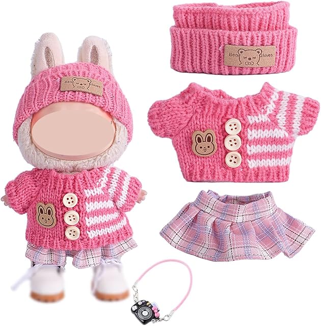 The 17cm Doll Clothes Set 3pcs, Hat & Overalls Set for 17cm Doll Accessories Suit, Sweater Skirt Cute Clothes Outfit for Dress up Unique Style (pink3pcs+Shoes+Camera)