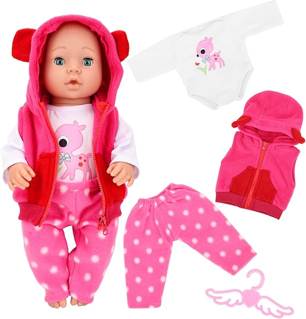 The 4 PCS Baby Doll Clothes and Accessories for 14-16 Inch Born Baby Dolls 1 Pink Hooded Vest with Pants T-Shirt and 1 Hanger Outfit Clothing Set for Dolls
