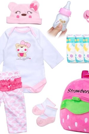 The Reborn Baby Dolls Clothes Pink Bear Outfit Accessories 12 Pcs Set for 17-22 Inch Reborn Dolls Newborn Baby Girl with Strawberry Backpack&Feeding Set
