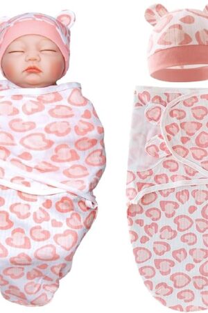 The Reborn Baby Dolls Clothes Outfit Accessories Pink Heart Swaddle Blanket & Hat 2 Pcs Set for 17-22 Inch Reborn Doll Newborn Girl&Boy
