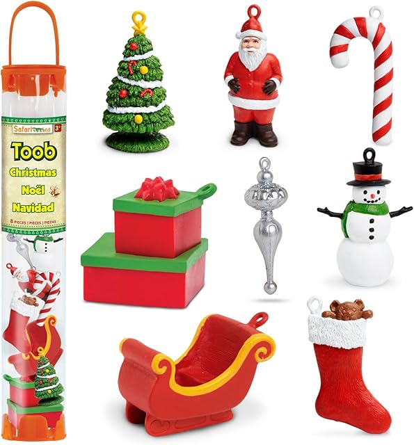 The Safari Ltd. Christmas Designer TOOB - 8 Detailed Figurines: Christmas Tree, Stocking, Candy Cane, Ornament, Snowman, Sleigh, Gifts, and Santa - Educational Toy Figures For Boys, Girls & Kids Ages 3+