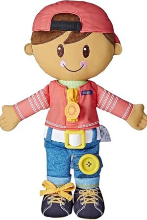 The Playskool Dressy Kids Doll with Brown Hair and Hat, Activity Plush Toy with Zipper, Shoelace, Button, for Ages 2 and Up (Amazon Exclusive)