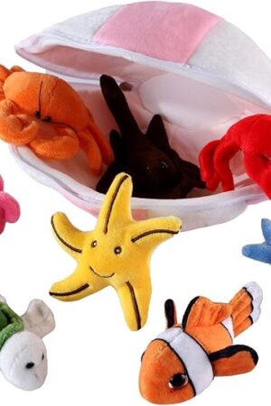 The Plush Soft Stuffed Ocean Sea Animals Playset with Plush Shell Package House for Storage Includes Stuffed Turtle, Lobster, Crab, Dolphin, Stingray Fish, Octopus, Starfish, Nemo Striped Fish (8 Piece)