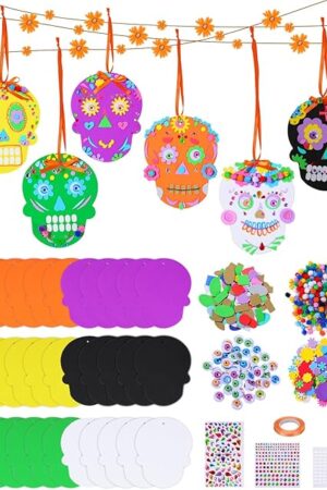The Pineraap Day of The Dead Foam Stickers Kit, 30 Sets Dia De Los Muertos Skull Arts and Crafts Decoration, Sugar Skull Foam DIY Activities for Kids, Halloween Party Favor Supplies