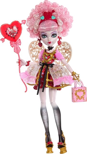 The Monster High Scary Sweet Birthday Doll, Cupid Asteria in Pink and Red Party Dress with Themed Accessories Like Invite, Balloon, Gift and More
