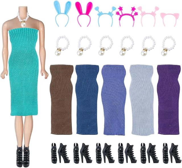 The DICOSMETIC Doll Accessories for 11.5 Inch Including 6Pcs 6 Colors Polyester Doll Dress 6 Pairs Dolls high Shoes 6Pcs Dolls Hair Bands and Necklace Summer Dress Shoes for Christmas Birthday Gift