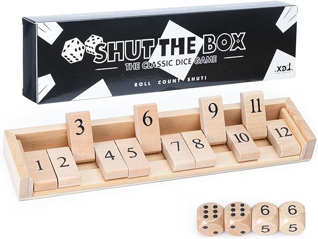The Shut The Box Dice Game Board Game | Travel Size 11'' Wooden | 12 Numbers | 2 Classic Dice & 2 Number Dice | Storage Bag | Instructions | Math Learning Classroom | Kids, Adults