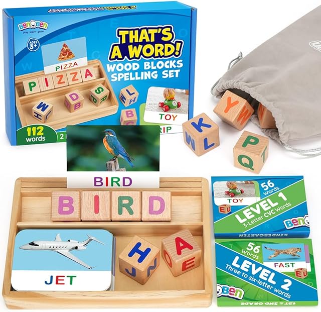 The BenBen Spelling Games with Flash Cards, Montessori Toys for 3 4 5 6 Years Old Kids, Wooden Matching Letters Games, CVC Word Educational Learning Toys, Gift for Preschool Kindergarten