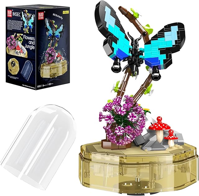 The Mould King Insect Collections Butterfly Building Sets with Flower Blocks, 10103 Butterfly Kits for Adults and Kid Boys Girls 8 9 10, 432 Pieces Natural Style STEM Toy Music Box with Lights