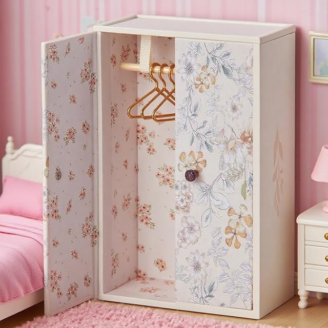 The 1/12 Dollhouse Wardrobe Closet, Miniature White Flower Pattern Wardrobe with 3Pcs Clothes Hangers, Magnetic Double Doors Dollshouse Closet for Bedroom Livingroom Furniture Accessory