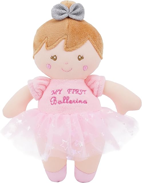 The 9" Soft Ballerina Baby Doll Freya - Adorable My First Baby Doll for Infants - Sensory Baby Rattle Toy - Pink