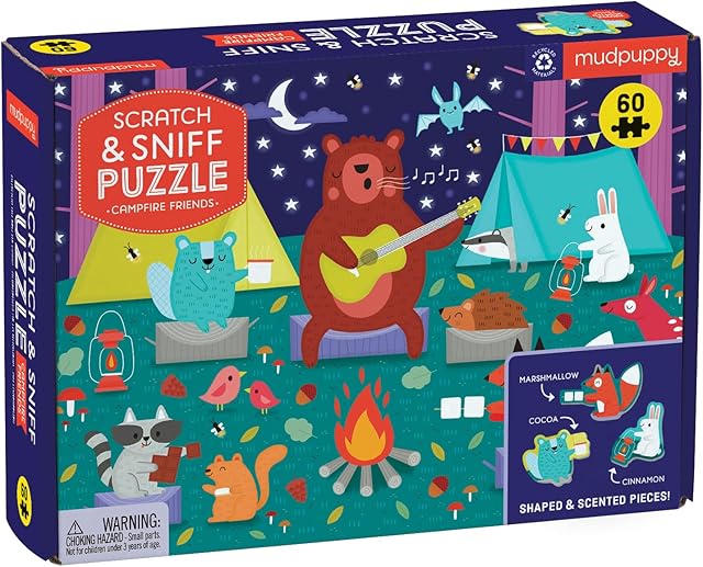 The Campfire Friends Scratch and Sniff Puzzle from Mudpuppy - 60 Piece Jigsaw Puzzle with 6 Shaped Pieces, Features Colorful Illustrations, 3 Campfire Scents, Ages 4+