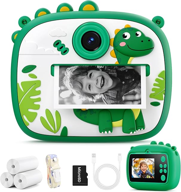 The Digital Camera for Age 3-8, Instant Print Camera with Cartoon Silicone Cover, Self Cam with SD Card, Christmas Birthday Gifts for Children (Green)