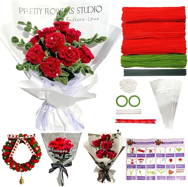 The 400 Pcs Pipe Cleaner Craft Kit: 2 Colors Pipe Cleaners Bulk, Flower Bouquet Chenille Stems Making Kit with Floral Wires, Gardening Tape, Pearl & Ribbon for Wedding Gift Decoration (Red)