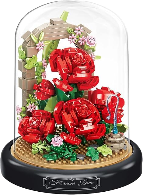The Red Rose Flower Home Bouquets Building Toy with Dust Cover - Creative Housewarming, Ideal Creative Toy Gift for Moms and Women