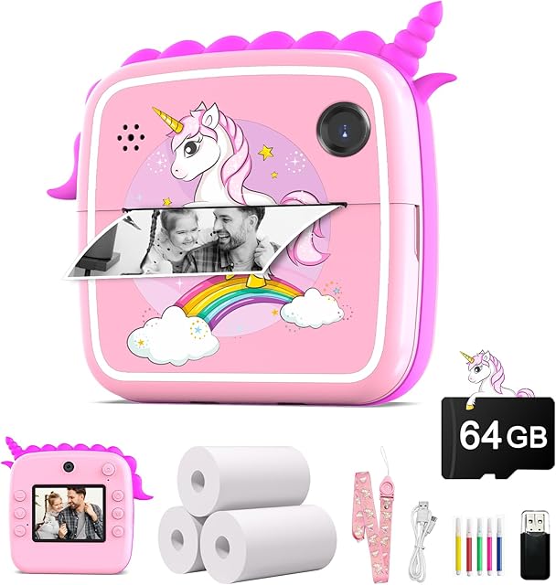 The Instant Print Camera for Kids, 1080P Kids Digital Video Camera with 50M Dual Lens, Christmas Birthday Gifts for Girls, Inkless Toddler Portable Toy for 3-12 Girls Boys with 64GB TF Card