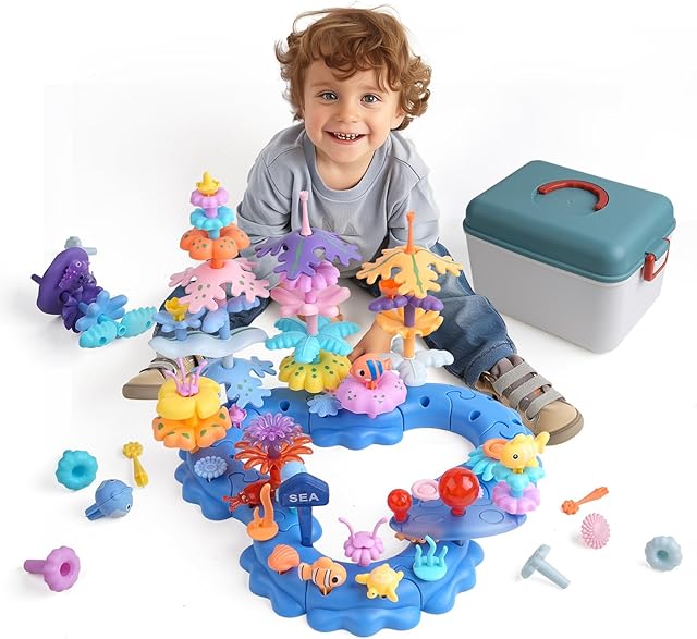 The 96PCS Ocean Adventures DIY Building Stacking Toys Set,Educational STEM Toy Gift for Kids with Organiser Box,Fun Cognitive Learning Toys for Girls/Boys,Toddler Beach Toy