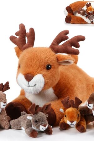 The Poen Plush Deer Stuffed Animal Set 16 Inch Cuddly Mommy Deer Plush with 4 Cute Little Plushes in Her Zippered Tummy for Kids Birthday Baby Shower Decor Gift Woodland Party Favors(Lying)