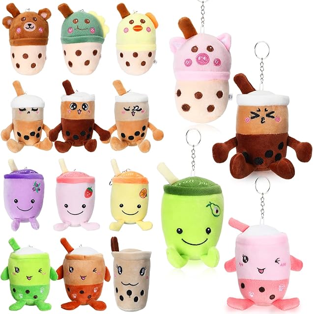 The Jerify 16 Pcs Bubble Tea Keychain Plush Stuffed Animal Bubble Milk Tea Plush Toy for Birthday Party Lover