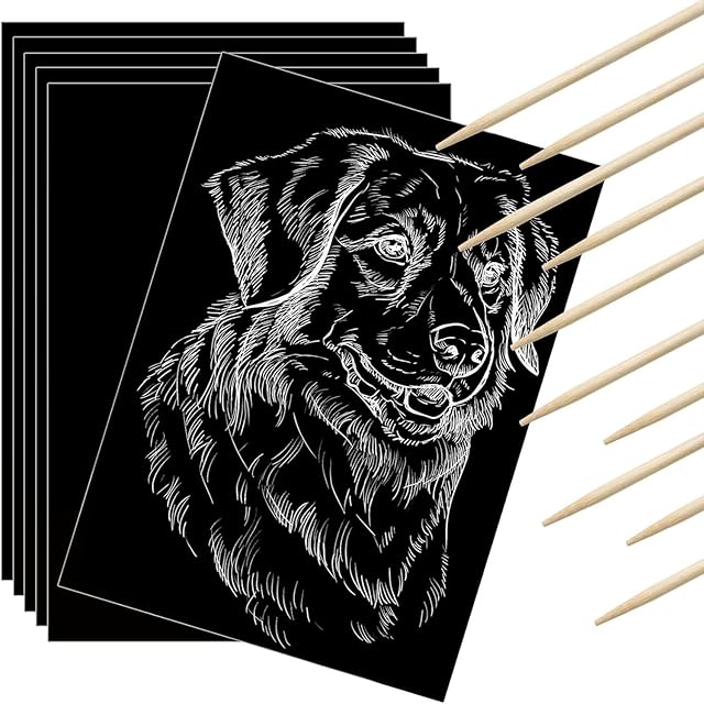 The Gersoniel 50 Pieces Scratch Paper Art Set Craft Kits Black Coated Scratchboard Black Scratch Off Paper with Wooden Stylus for Valentine Gifts Birthday Party Supplies