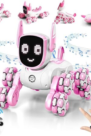 The Robot Dog 8WD 2.4GHz Remote Control Dog Toy Gesture Stunt RC Cars with Music, Light and Two Batteries Robot Toys for Kids Girls Boys Birthday Gift 8-12, Pink