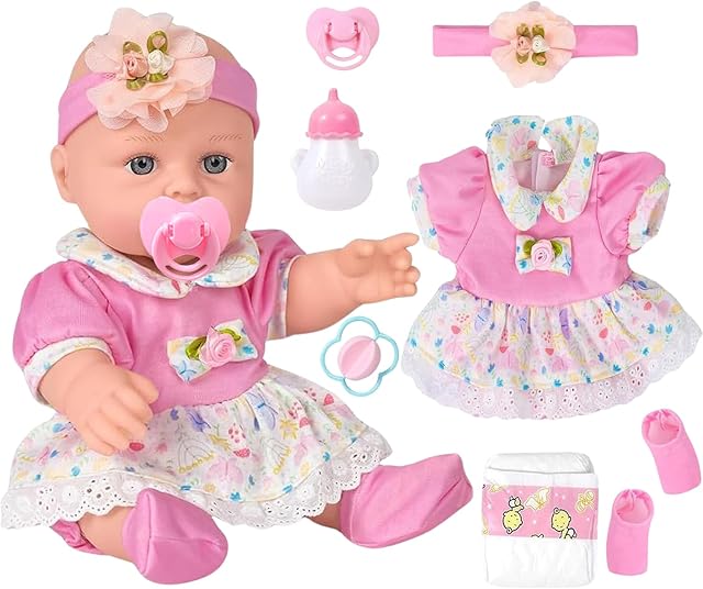 The ZQDOLL Baby Dolls, 12 Inch Realistic Baby Dolls with Accessories and Clothes Playset, Eyes Open Cute Face Baby Doll with Bottle,Diapers, Pacifier, Toy Stuff for Toddlers Kids Ages 3 and Up